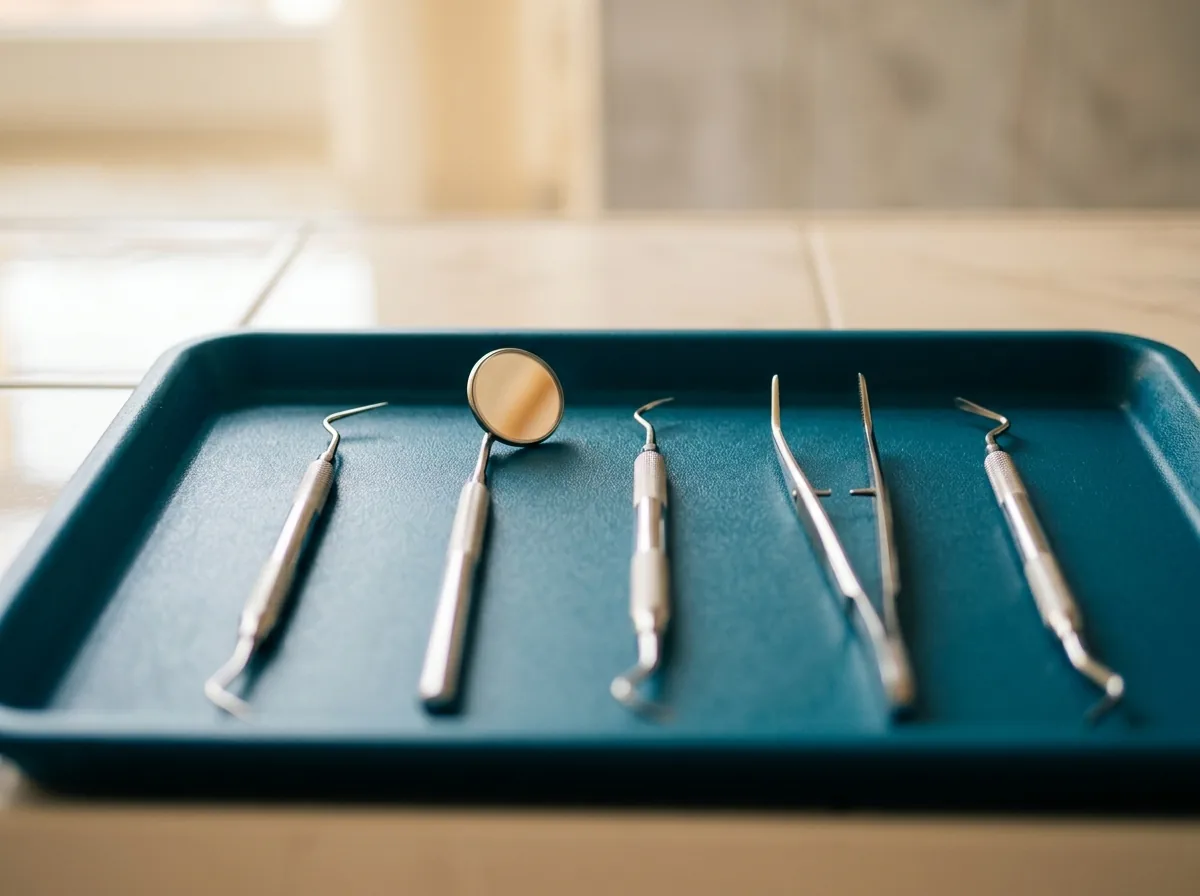 Clean dental instruments neatly laid on teal surgical tray