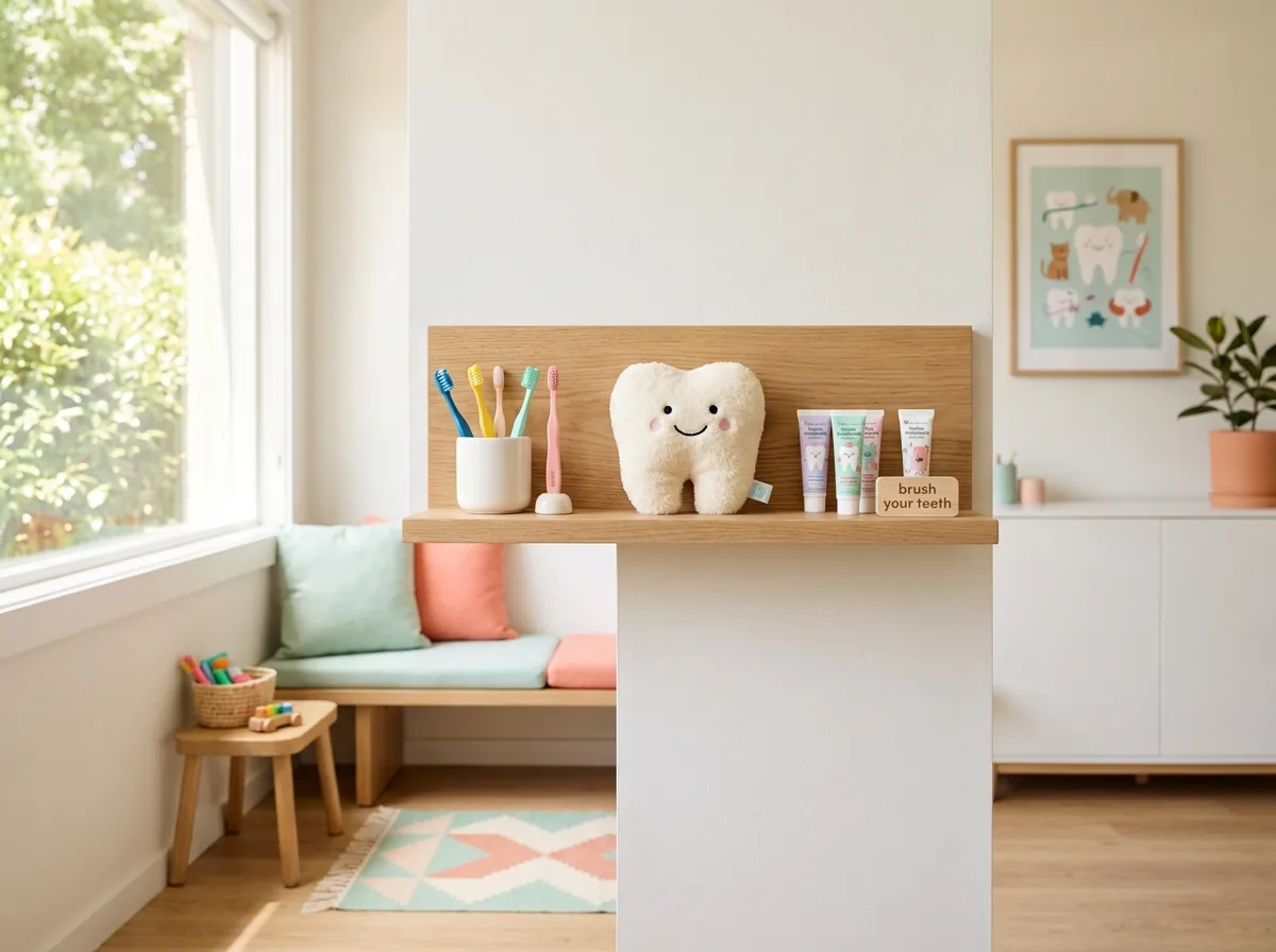 Child-friendly dental reception nook with tooth plush and wooden toothbrushes