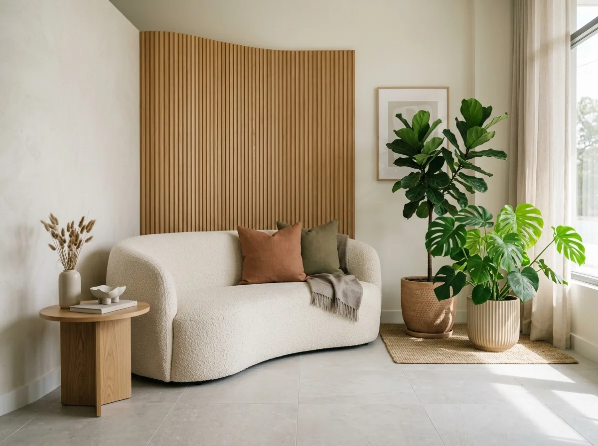 Serene reception lounge corner with curved bouclé sofa and plants